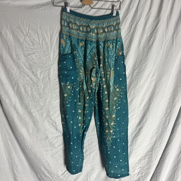 Happy Trunks Green with Paisley Design Genie/ Hippy Pants Size Medium 2 Pockets - Picture 9 of 9